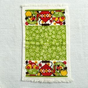 Vintage Sayco MCM Mod Teapot Fruit Bowl Floral Print Fringe Trim Kitchen Towel